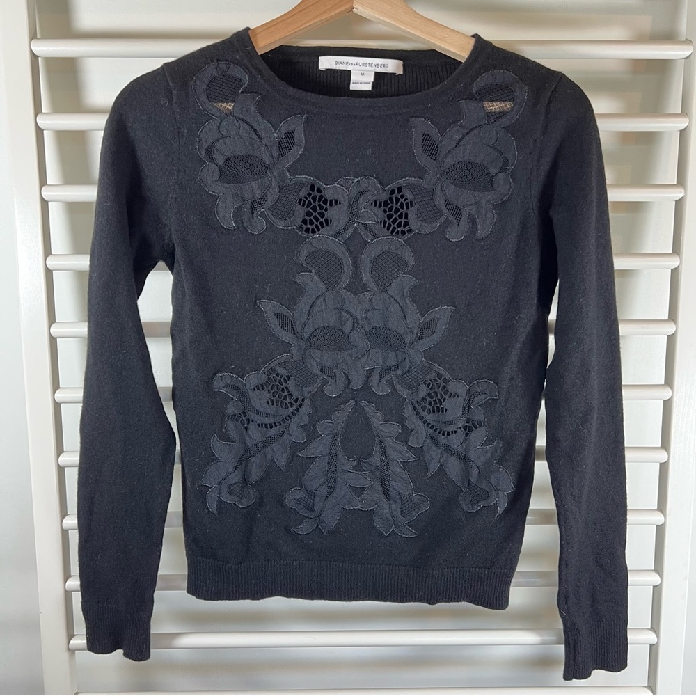 Diane von Furstenberg “Shana” Black Wool Sweater with Lace Appliqué, size Medium